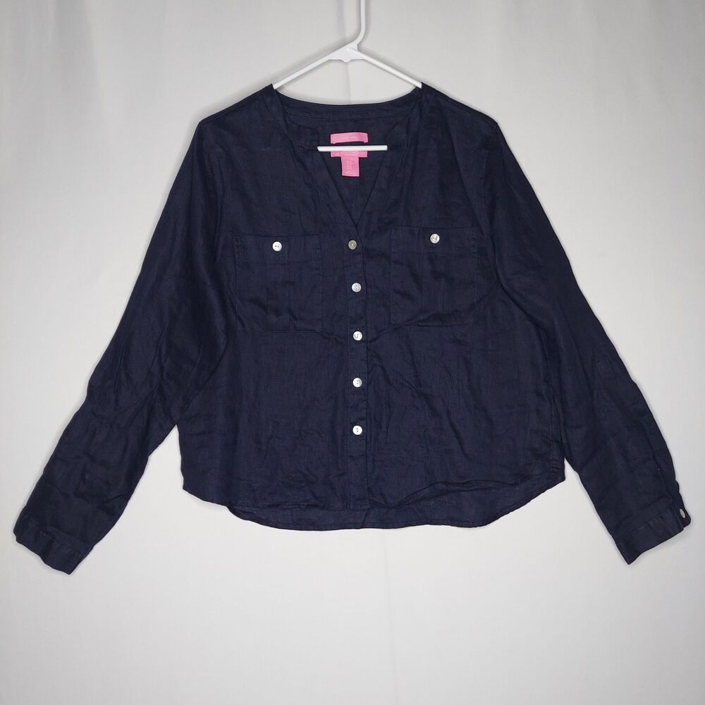 Isaac Mizrahi NY Linen Top Women‎ Medium Blue Button Pocket Boxy Long Sleeve